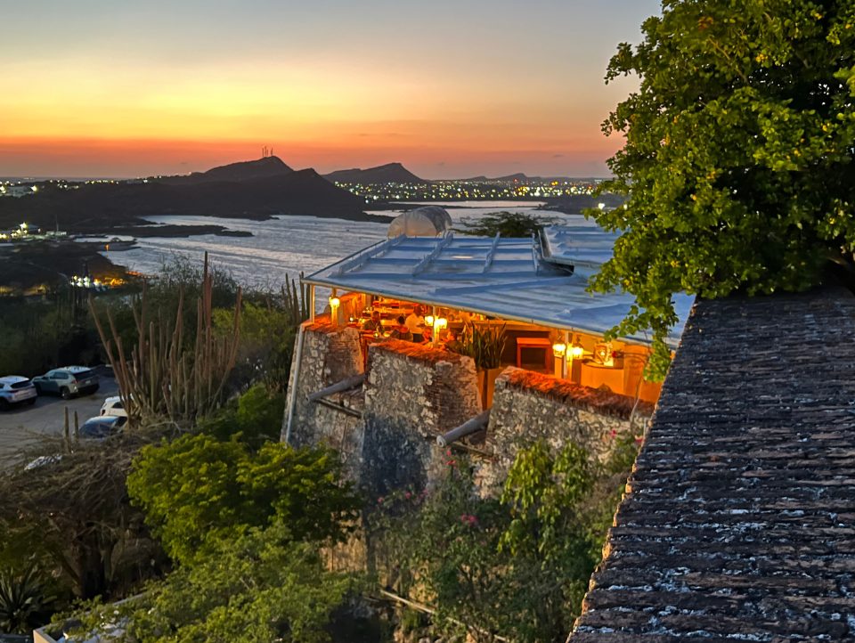 Fort Nassau's terrace overlooking Willemstad harbor at dusk